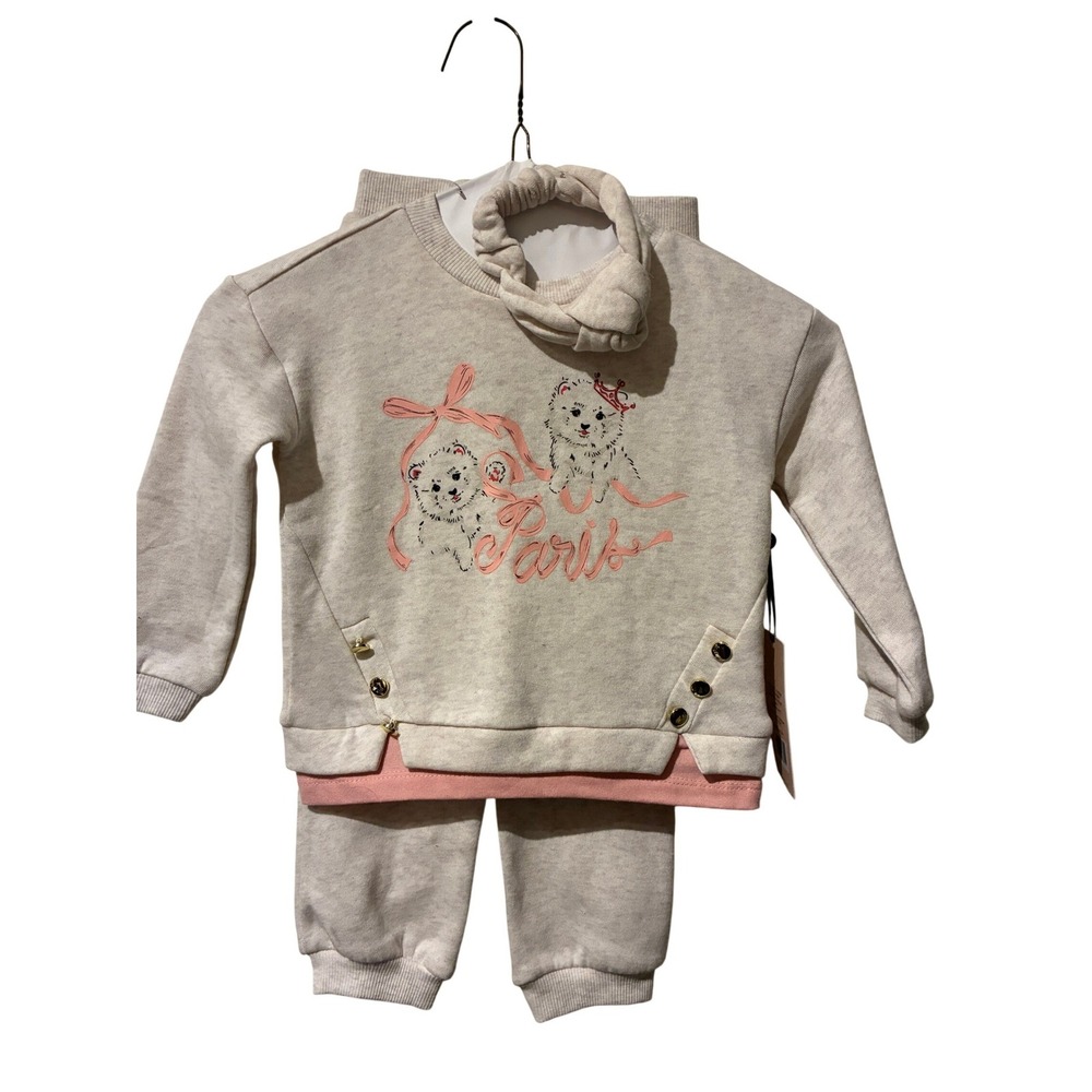 Paris Hilton Girls 2 Piece Fleece Set Sweatshirt Pants Pink‎ Puppy Paris 24M